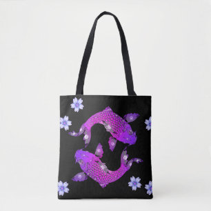 Tote Bag Koi poisson oriental noir violet yin yang floral