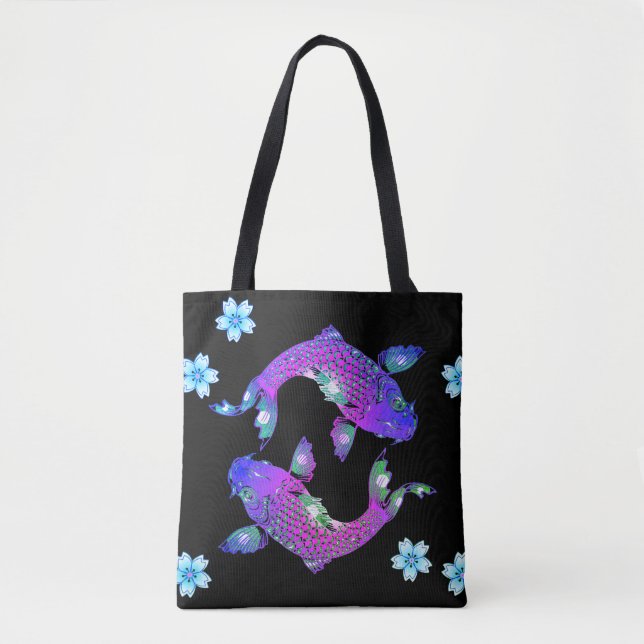 Tote Bag Koi poisson oriental yin yang noir violet fleuri (Devant)