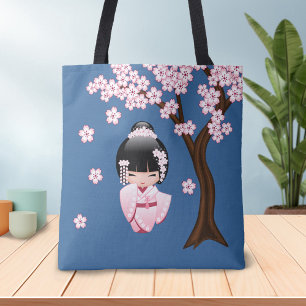 Tote Bag Kokeshi Doll au kimono rose sur fond bleu