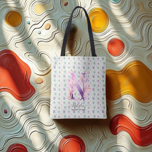 Tote Bag La conception de monogramme floral vibrant de Nata (Créateur téléchargé)