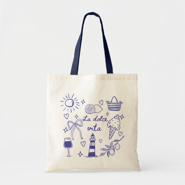 Tote Bag La Dolce Vita Blue Coquette Bow Italian Summer (Devant)