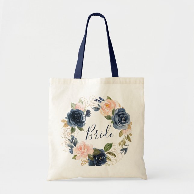 Tote Bag La marine et rougissent jeune mariée florale (Devant)