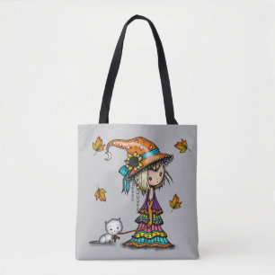 Tote Bag La Petite Sorcière et Chat Errants Art d'Halloween