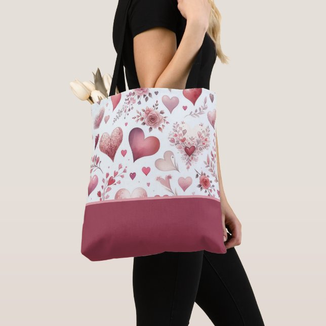 Tote Bag La Saint-Valentin Cœurs roses et rouges, bloc de c (De près)