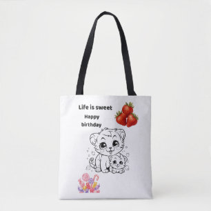 Tote Bag La vie est douce Mignon chat et fraise Anniversair