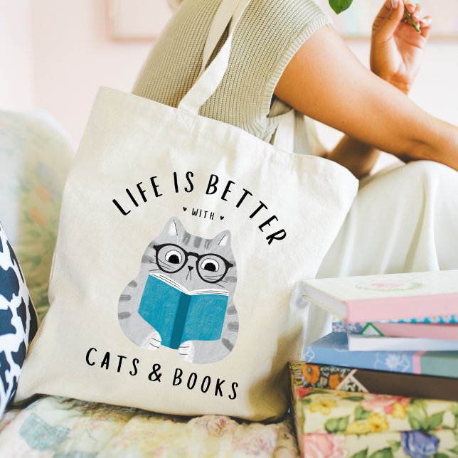 Tote Bag La vie est meilleure avec les chats et les livres (Créateur téléchargé)