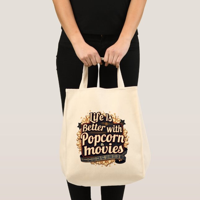 Tote Bag La vie est meilleure avec Popcorn & Films Retro De (Devant (produit))