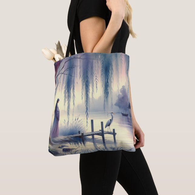 Tote Bag Lac Serene Imaginaire avec saule et héron (De près)