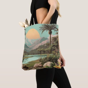 Tote Bag Lac Tropical Surreal Avec Palmiers