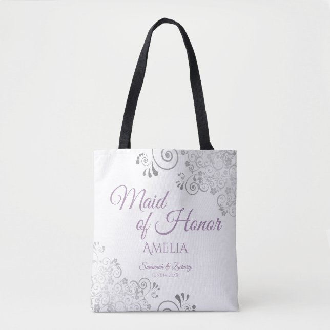 Tote Bag Lacy Silver & Lavender Maid of Honor White Mariage (Devant)