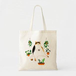 Tote Bag Lady Cat Boire Café, Lady Cat Avec Plantes