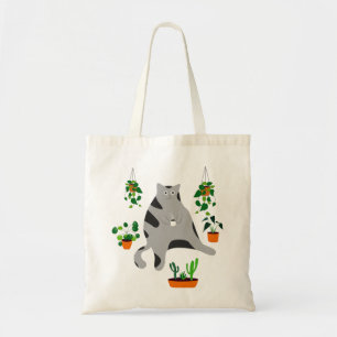 Tote Bag Lady Cat Boire Café, Lady Cat Avec Plantes