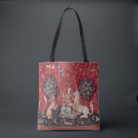 Tote Bag Lady et Unicorne Vue de la Tapisserie Médiévale<br><div class="desc">La dame et les tapisseries de licorne présentent une dame médiévale dans différentes poses, chacune représentant l'un des cinq sens, et une sixième scène avec des mots sur la tente Mon Seul Désir (mon seul désir). Étant parmi les oeuvres médiévales les plus célèbres du monde, ces objets de licorne ajoutent...</div>