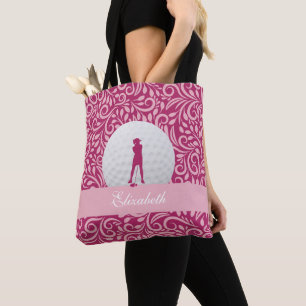 Tote Bag Lady Golfer Silhouette Nom personnalisé Motif rose