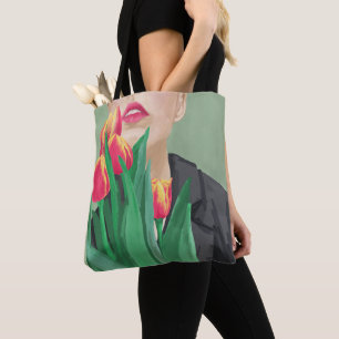 Tote Bag Lady & Tulip Green & Orange Modern Graphic imprimé
