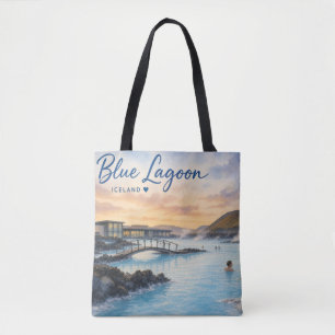 Tote Bag Lagon bleu Islande bain thermal aquarelle