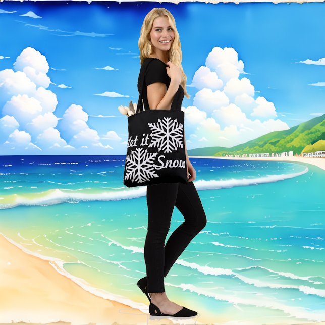 Tote Bag Laisser Neige Hiver Blanc Snowflakes Élégant Noir (Let It Snow Winter White Snowflakes Elegant Black Tote Bag)