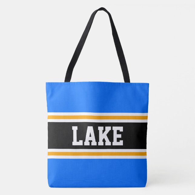 Tote Bag LAKE Fun Athletic Blue Black Yellow Racing Stripes (Devant)