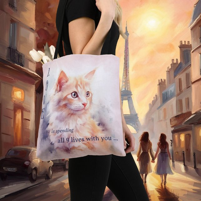 Tote Bag L'Amour Est Chat Aquarelle Douce (Sweet love tote bag featuring a watercolor painting of a cute kitty - great for cat lovers valentine)
