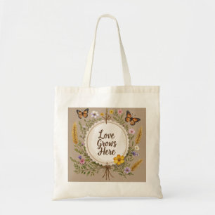 Tote Bag L'amour pousse du boho, fleur sauvage, blé, papill