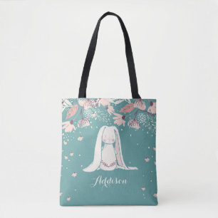 Tote Bag Lapin blanc et nom fait sur commande des fleurs