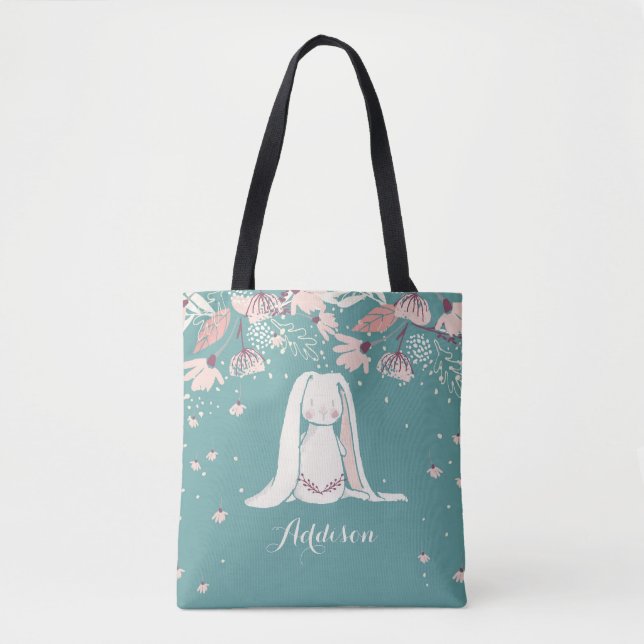 Tote Bag Lapin blanc et nom fait sur commande des fleurs | (Devant)