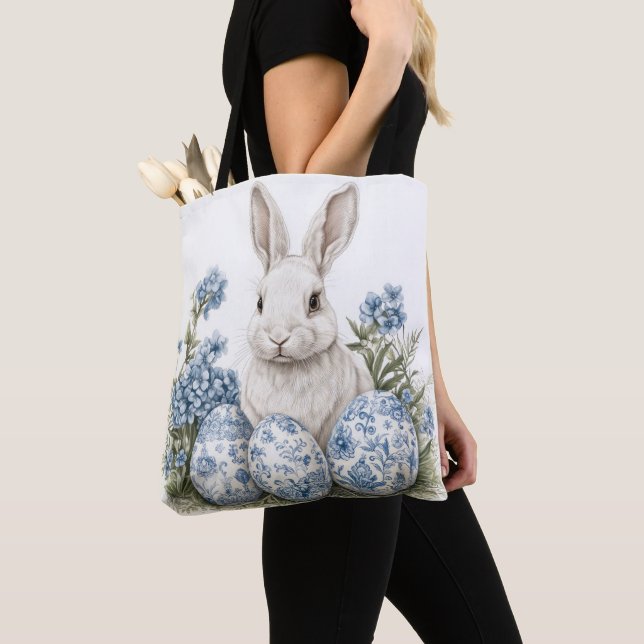 TOTE BAG LAPIN BLANC MIGNON ET ŒUFS DE PÂQUES BLEUS (De près)
