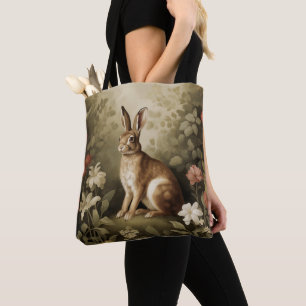 Tote Bag Lapin de forêt vintage dans une forêt florale