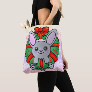 Tote Bag Lapin de Noël en couronne avec des flocons de neig