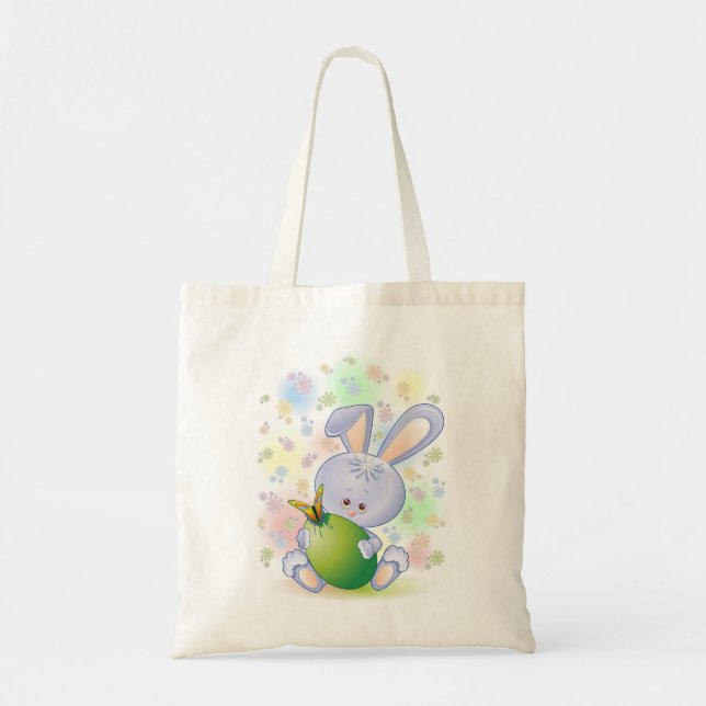 Tote Bag Lapin de Pâques avec Œuf et Fleurs (Devant)