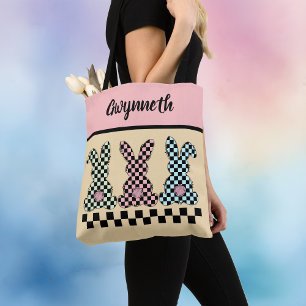 Tote Bag Lapin de Pâques Damier Rose Vert Jaune Nom