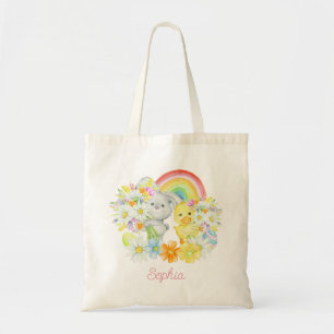 Tote Bag Lapin de Pâques en arc-en-ciel et poussin