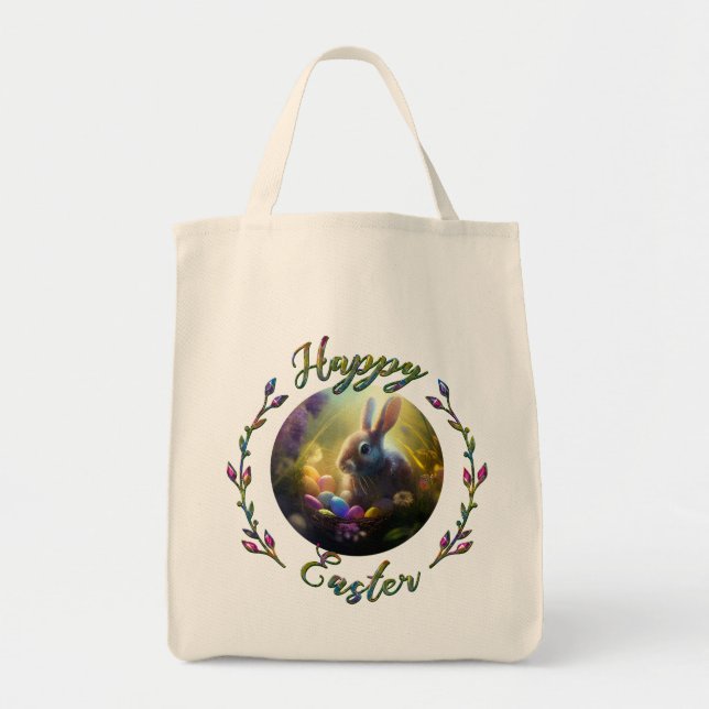 Tote Bag Lapin de Pâques et poussin avec paniers d'oeufs (Devant)