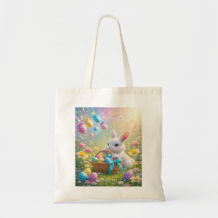 Tote Bag Lapin de Pâques mignon avec panier d'œufs et de fl