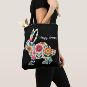 Tote Bag Lapin de Pâques orné silhouette sur fond noir