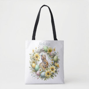 Tote Bag Lapin de Pâques personnalisé à l'aquarelle