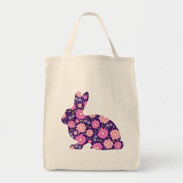 Tote Bag Lapin de Pâques rétro rose et fleurs (Devant)