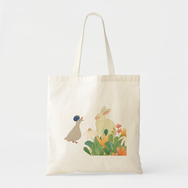 Tote Bag Lapin et Oiseau de Whimsical en Fleur - Plage de p (Devant)