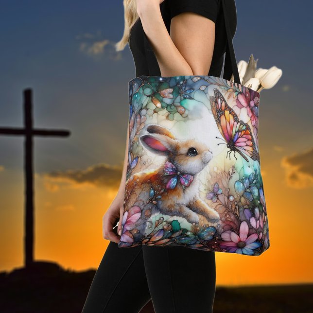 Tote Bag Lapin Et Papillon Beau Verre Satiné Pâques (Créateur téléchargé)