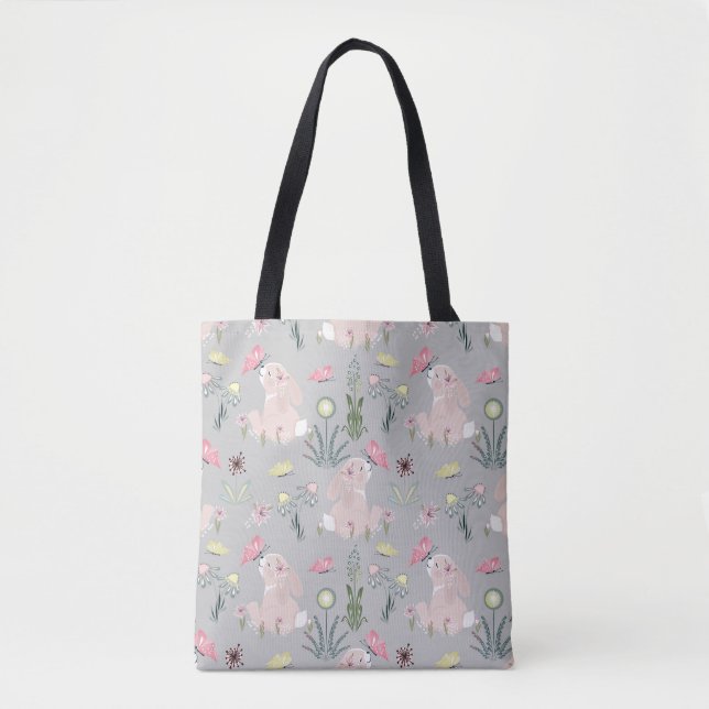 Tote Bag lapin mignon avec fleurs et papillons (Devant)