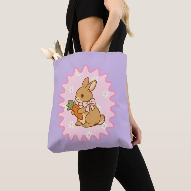 Tote Bag Lapin Mignon Carotte Fleurs de Printemps  (De près)