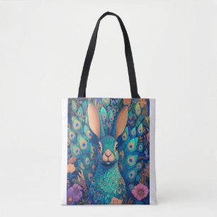 Tote Bag Lapin-paon turquoise dans un jardin enchanté