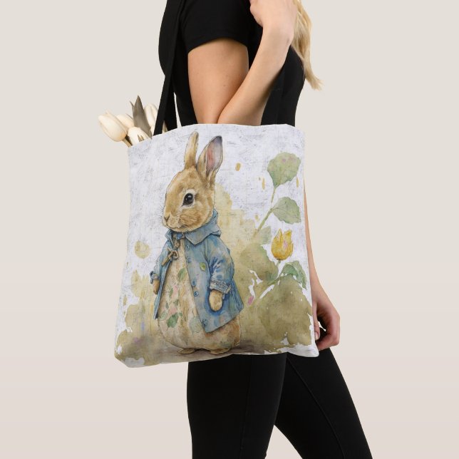 Tote Bag lapin pierre vintage avec fleurs (De près)