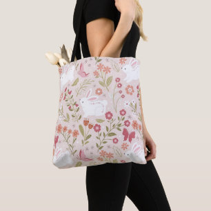 Tote Bag Lapin Rose Fantaisiste et Prairie Florale