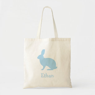 Tote Bag Lapin silhouette bleu pastel avec nom Pâques