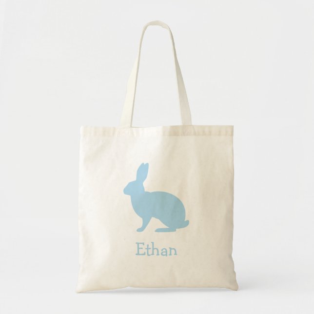 Tote Bag Lapin silhouette bleu pastel avec nom Pâques (Devant)