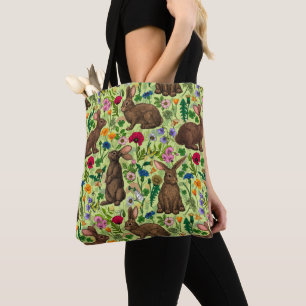 Tote Bag Lapins et fleurs sauvages sur le vert miel