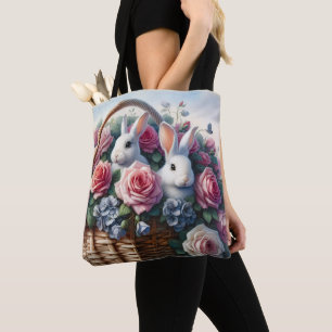 Tote Bag Lapins nichés parmi les roses de cottage
