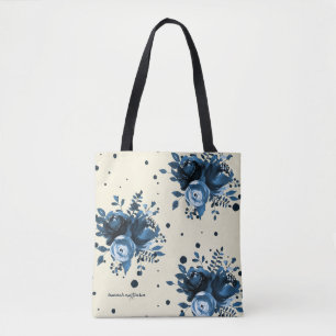 Tote Bag L'aquarelle bleue florale avec des points et