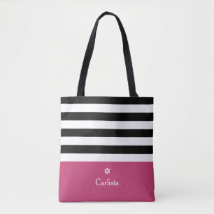 Tote Bag Large Black Horizontal Stripes Dark Rose Nom Faisy
